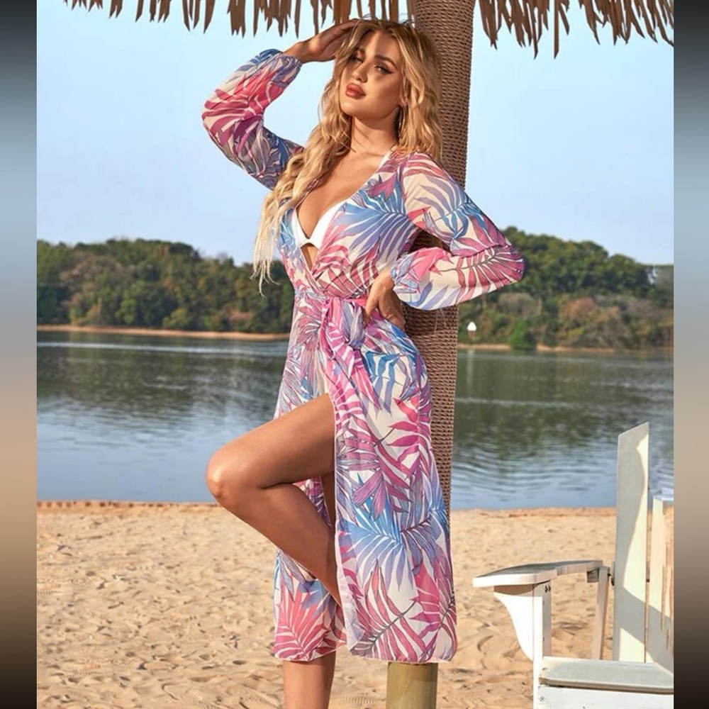 Plant Print Belted Kimono